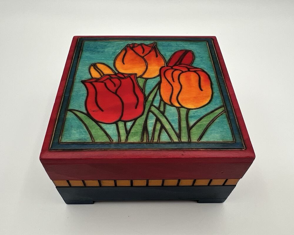 Handmade Wooden Square Hinged Trinket Jewelry Box with Tulip Flowers 5” Signed